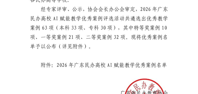 我院专创融合案例获广东省民办教育协会2026年度AI赋能教学优秀案例评选二等奖