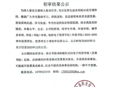 关于电子商贸学院(至善书院) 2024-2025学年优秀学生、优秀学生干部初审结果公示