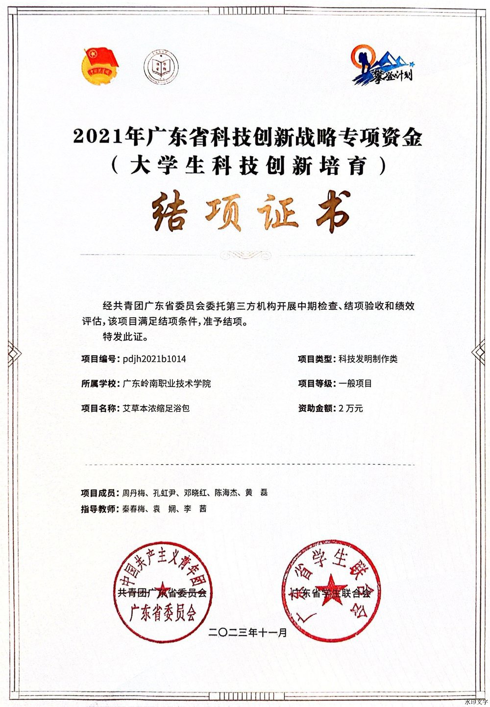 艾草本浓缩足浴包-2021年广东省科技创新战略专项资金结项证书